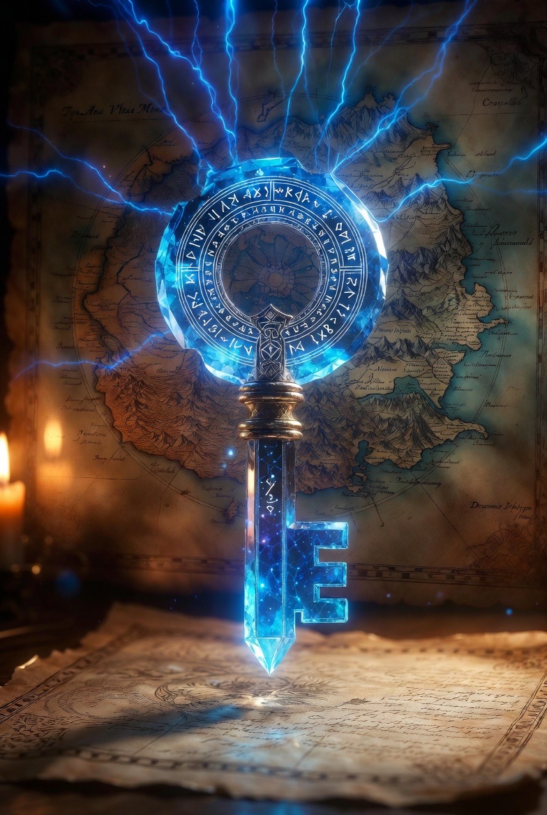 The ringed rune key upright on the old charters, lightning fanned above