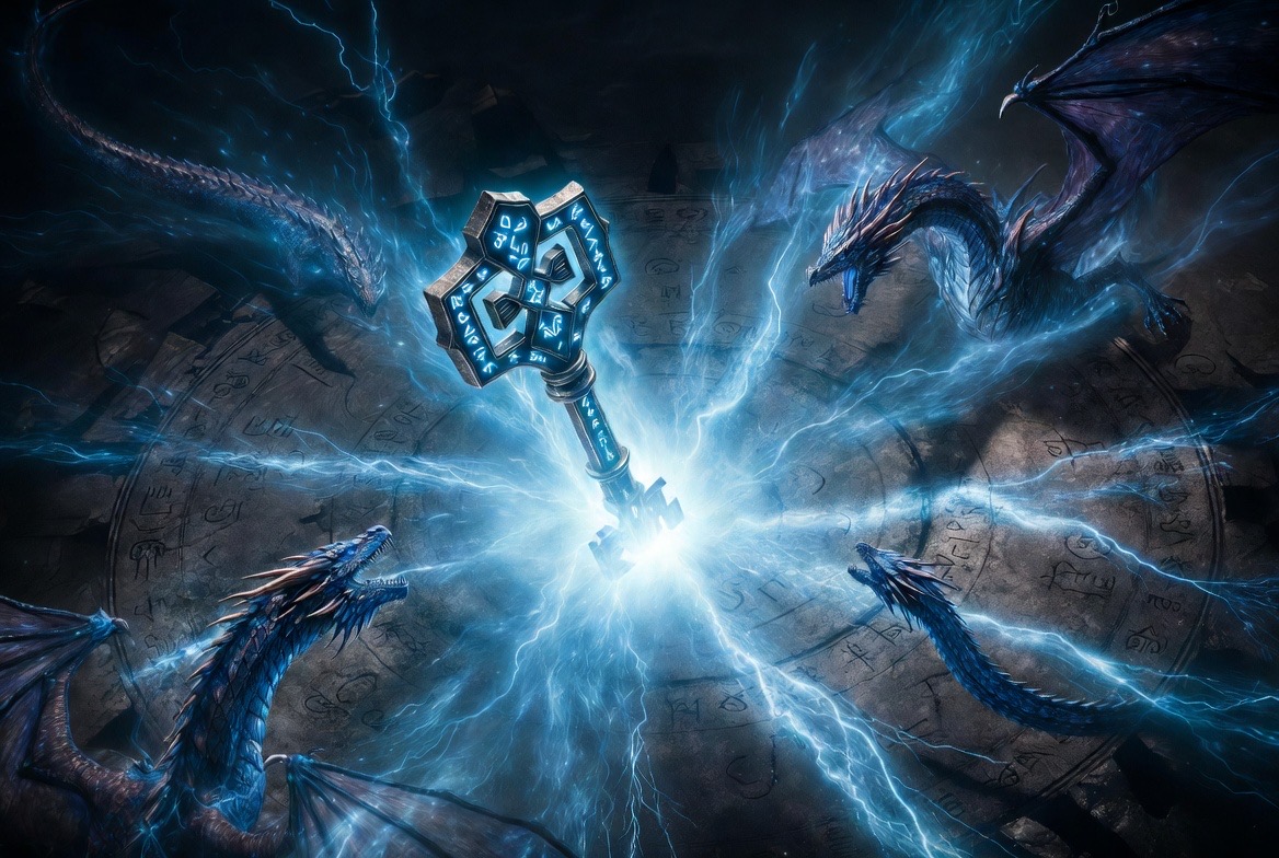 The key erupting at the center of the rune disc, four dragons riding