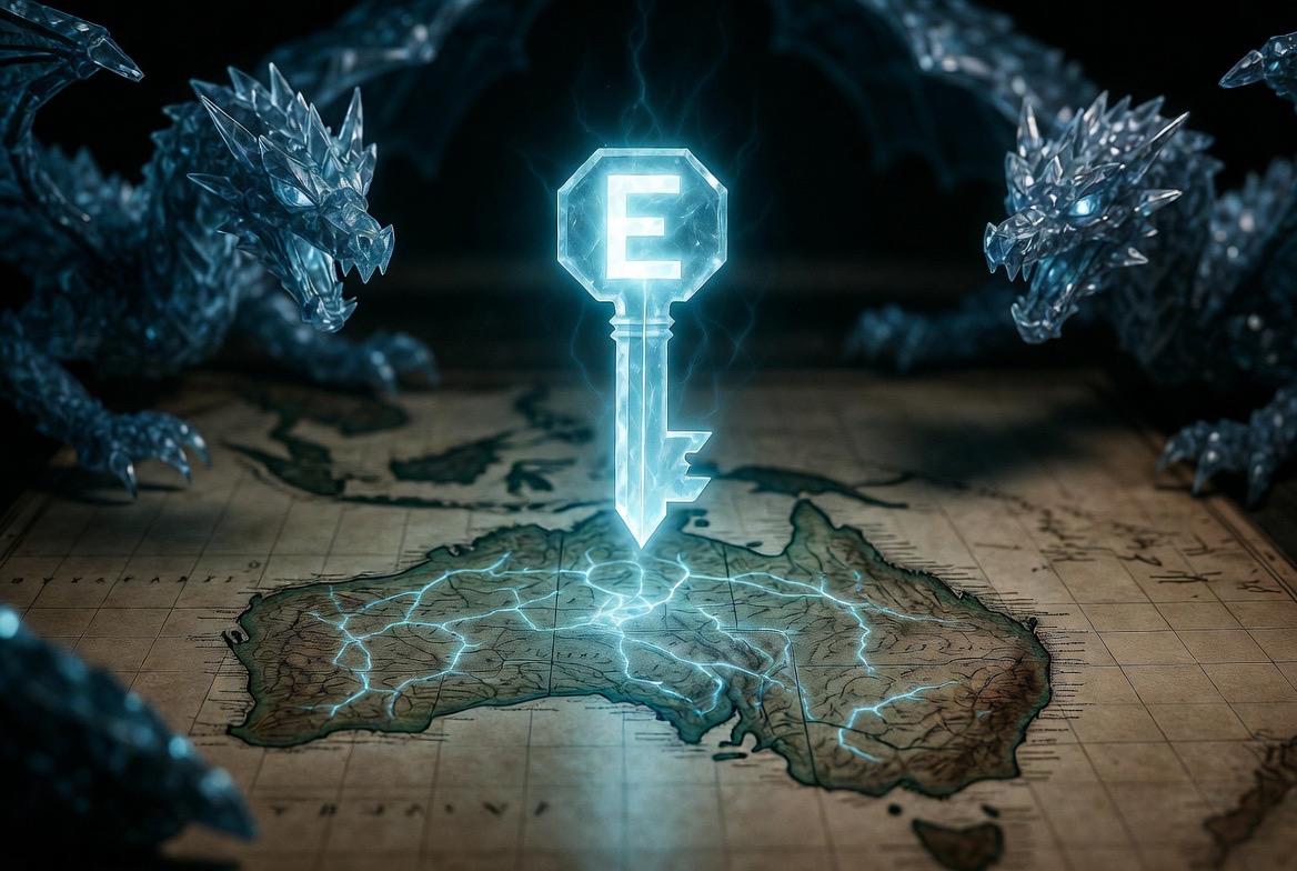 The E-glyph key striking the old map of Australia, lightning through the land