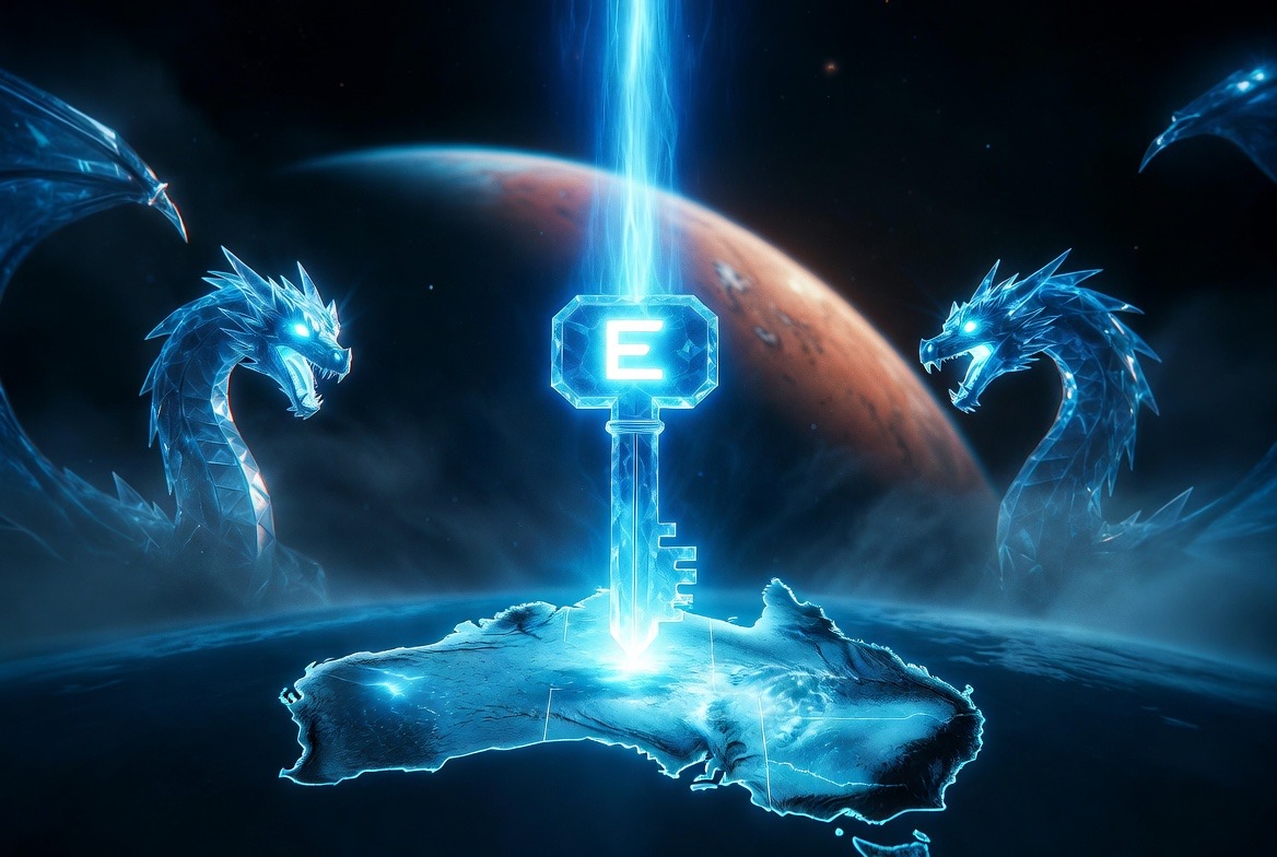 The key over the glowing southern land from orbit, Mars rising behind