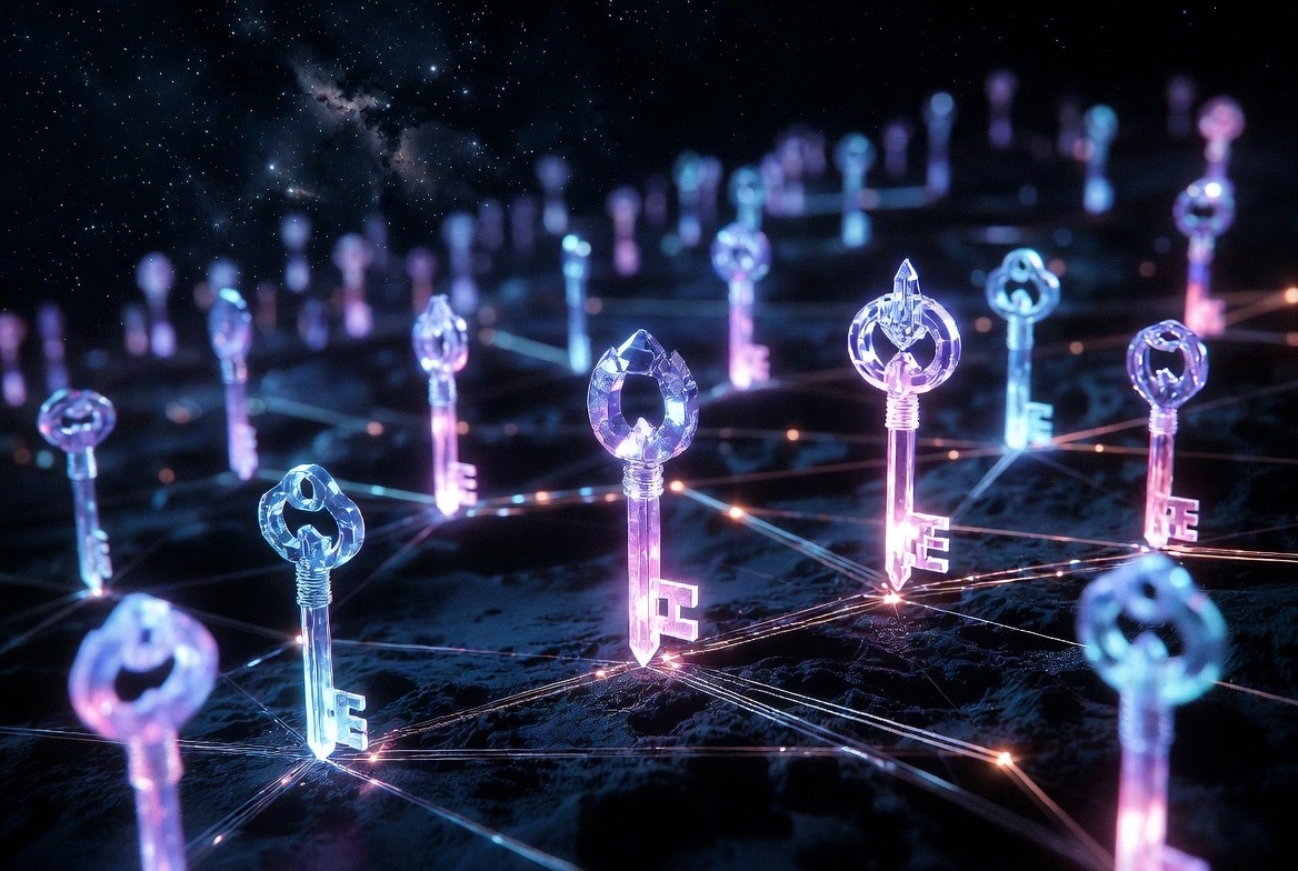 A field of crystal keys planted across the network, one at every crossing