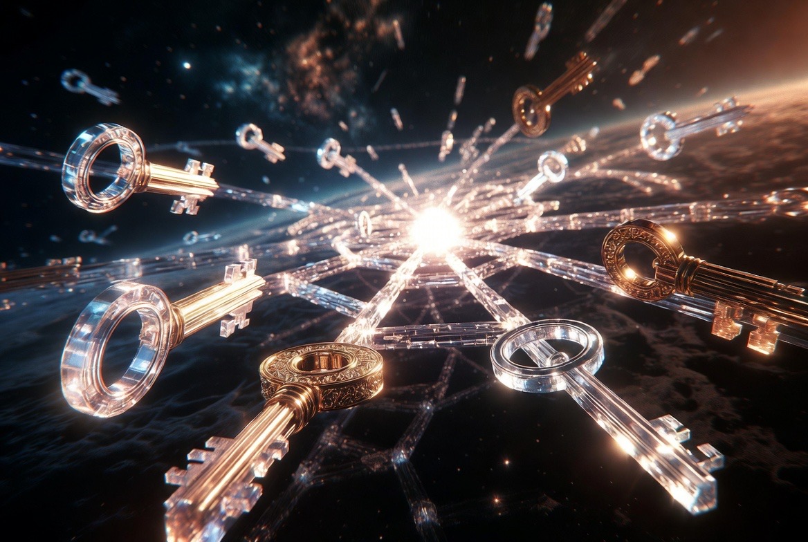 The great keys of crystal and gold converging over the world grid