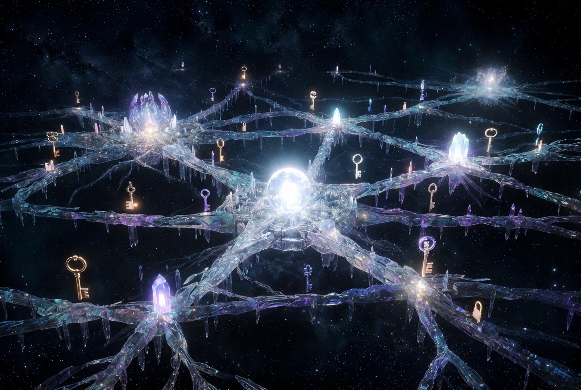 Keys hung along the lattice web, one at every crossing