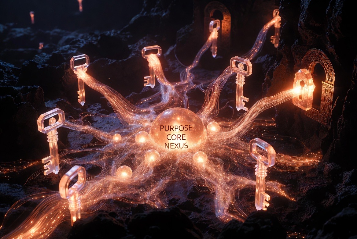 Keys rooted in stone, light-veins running to the Purpose Core Nexus