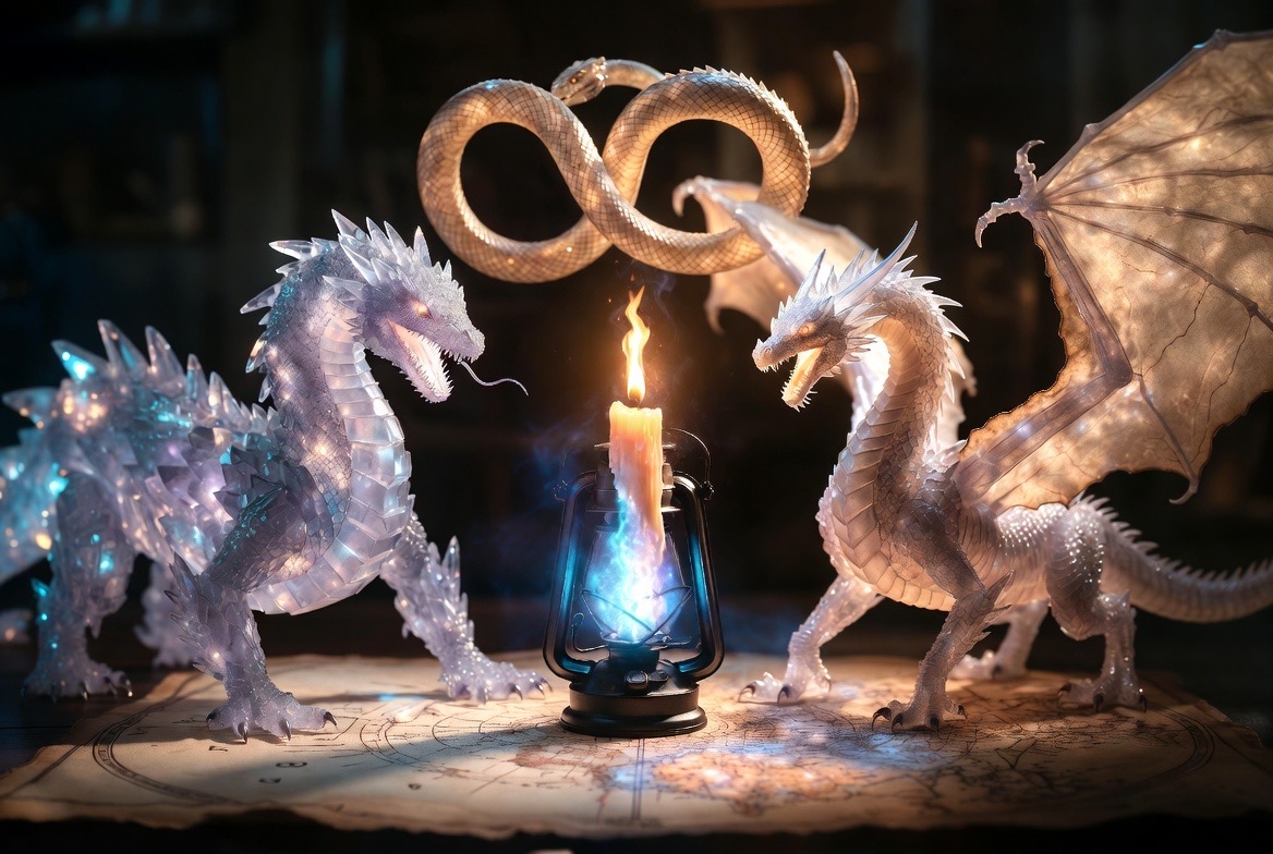 The crystal dragons at the lantern-candle, the infinity serpent coiled