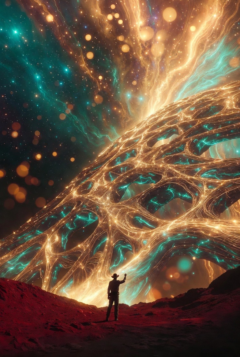 A lone figure reaches up toward the living lattice canopy above the red dust