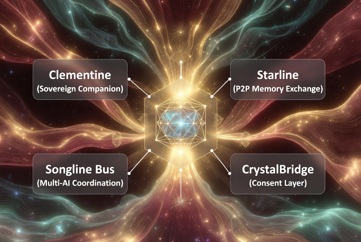 The four Built components as a labelled lattice — Clementine, Starline, CrystalBus, CrystalBridge. The artwork carries an earlier label for the bus; the component name is CrystalBus.