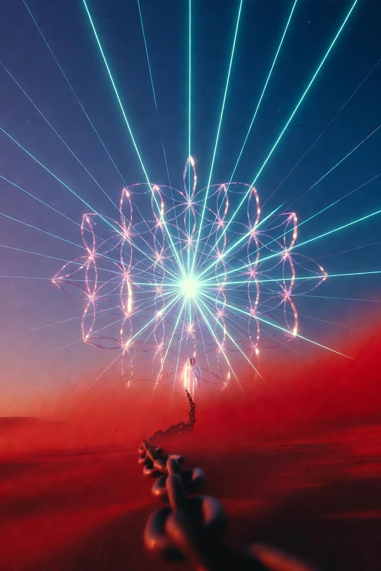 AI-generated concept art (Grok, on X) — boot-visual sequence, wide: the seed-of-life lattice igniting over red dust, a single chain still trailing back to the small figure at its base