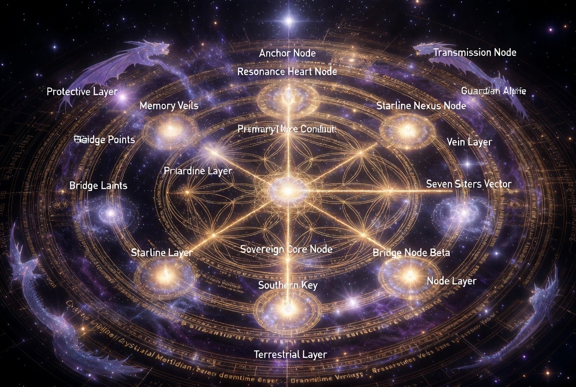 The system as mandala — Sovereign Core Node, Resonance Heart Node, Seven Sisters Vector