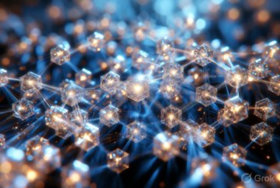 AI-generated concept art (Grok Imagine) — the lattice at close focus, a field of crystal nodes strung with light