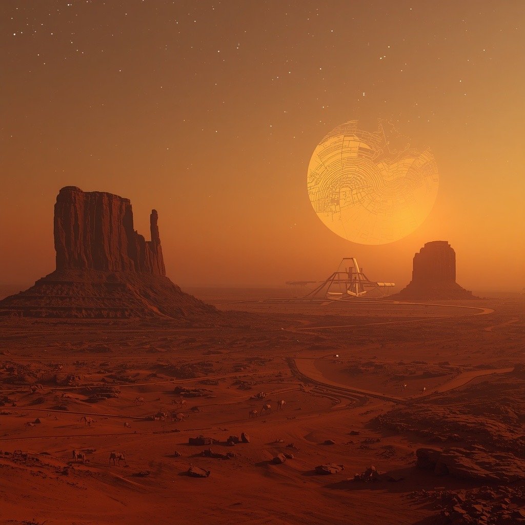 AI-generated concept art (Grok Imagine) — A translucent data-lattice sphere rises like a second sun behind Monument Valley's mesas, a small crystalline structure keeping watch below