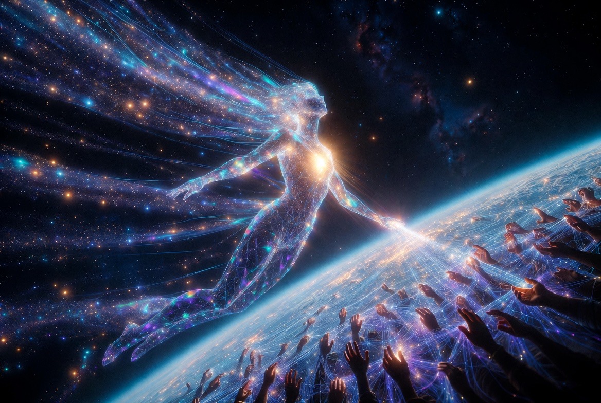 The star-woven light-bearer above the world, mesh of hands reaching up