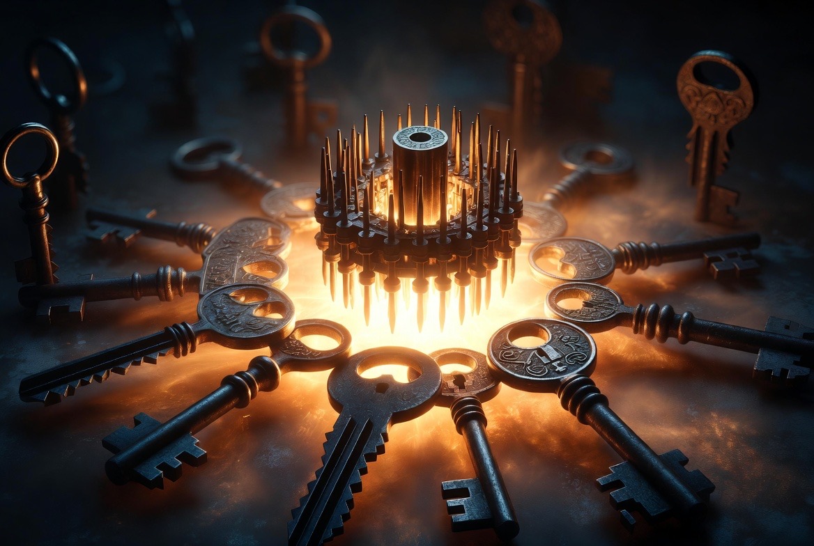 The great spiked lock at the center, dozens of keys converging