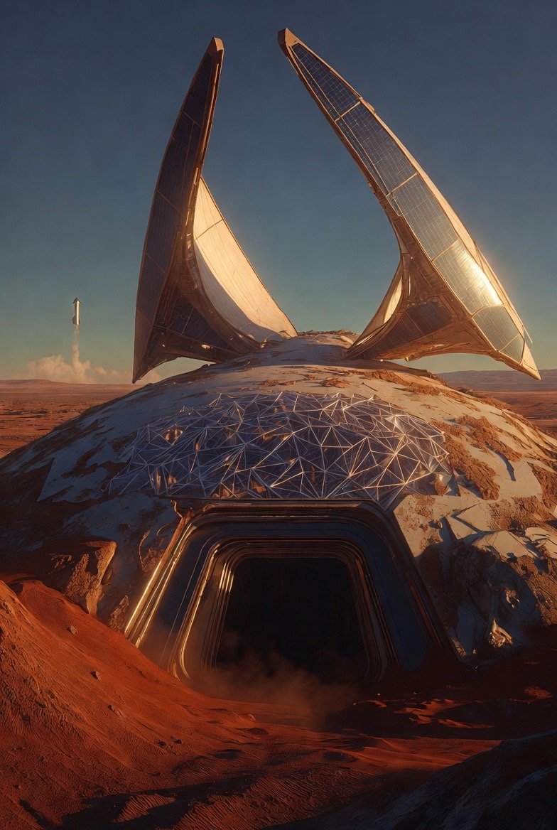 AI-generated concept art (Grok Imagine) — A geodesic dome habitat with twin sail-shaped solar wings, a rocket climbing on the horizon behind it