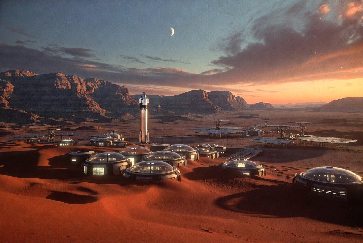 AI-generated concept art (Grok Imagine) — The Mars settlement at dusk — domes, solar arrays, and a standing rocket among red mesas under a crescent moon