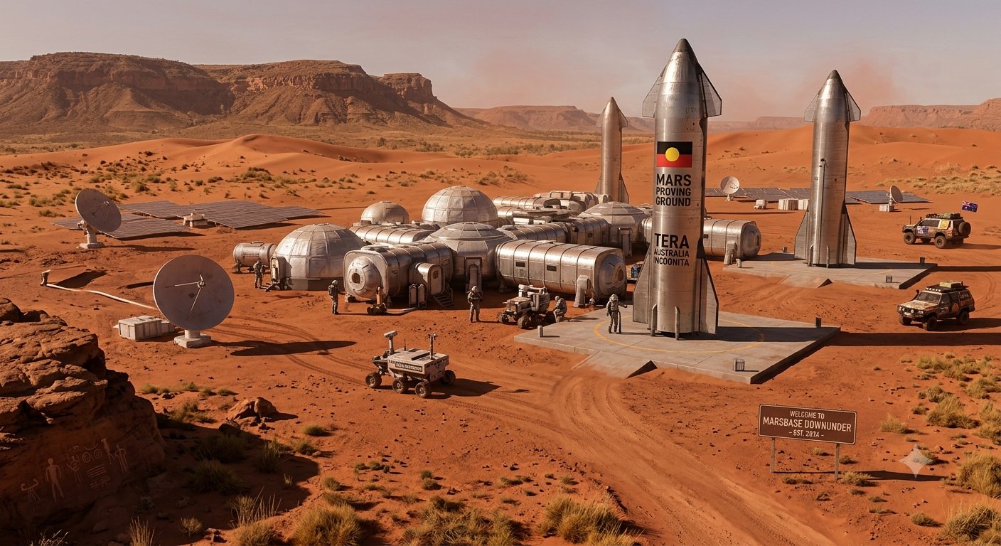 AI-generated concept art (Grok Imagine) — MarsBase Downunder — Mars Proving Ground establishing shot: three starship-style rockets (one marked with the Aboriginal flag), domes, dishes, rovers, and a weathered "WELCOME TO MARSBASE DOWNUNDER · EST. 2074" sign over red dune country, petroglyphs on the foreground rock