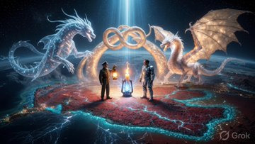 The lantern-bearer and the voyager meeting beneath the infinity arch