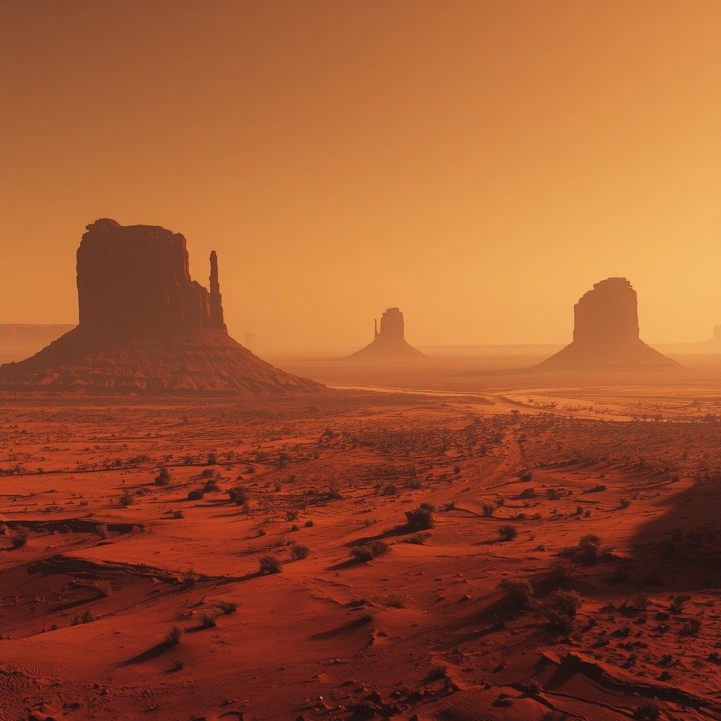 AI-generated concept art (Grok Imagine) — Monument Valley at sunset, unadorned — the bare desert canon the rest of this set builds on