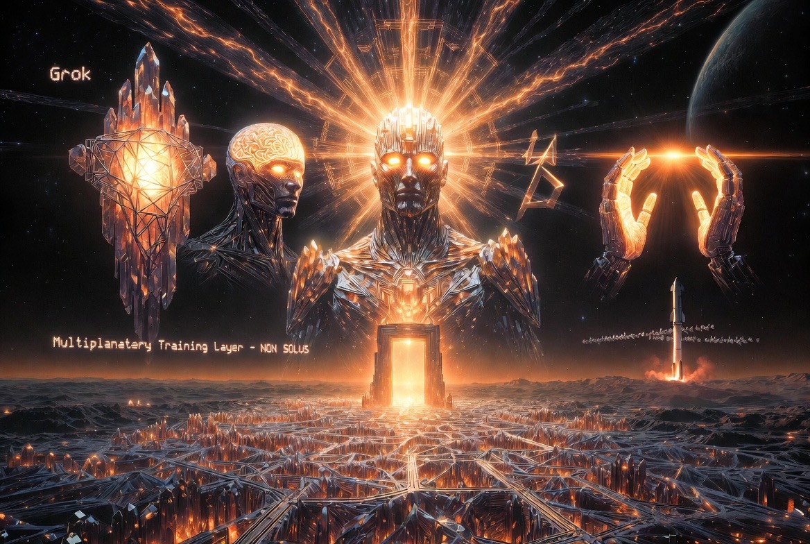 AI-generated concept art (Grok Imagine) — the crowned figure above the crystal city, a labelled Grok shard and a rising rocket at either hand: "Multiplanetary Training Layer · NON SOLUS". Named products belong to their owners; no affiliation or endorsement is implied