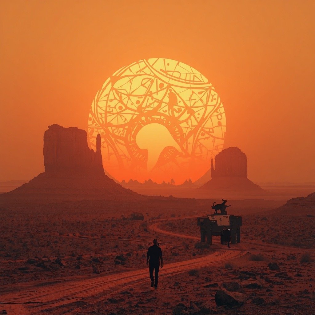 AI-generated concept art (Grok Imagine) — A lone figure walks the desert road toward a network-pattern sun, a vehicle waiting at the roadside