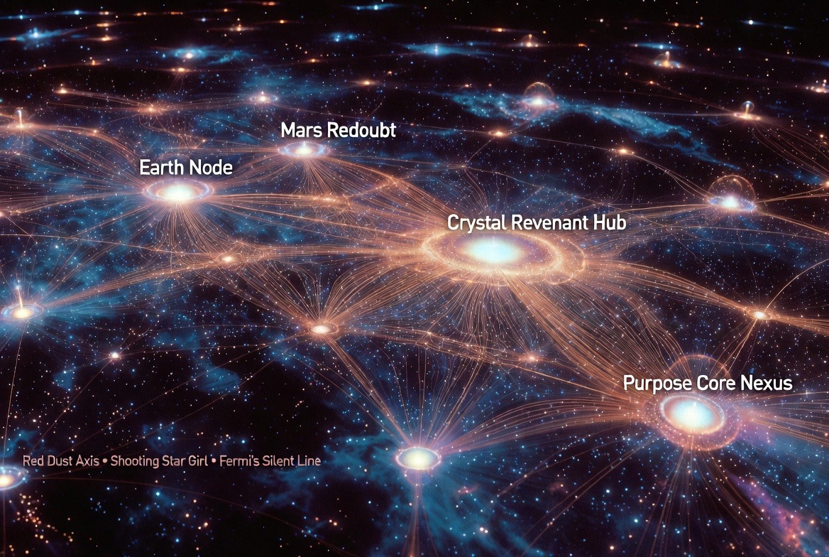 The network as living web — every node named, three original songs