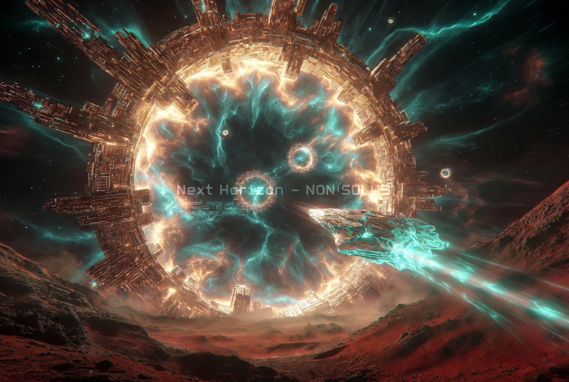 AI-generated concept art (Grok Imagine) — the ring-city burning gold and teal above the red canyons, a crystal ship banking away along its beam: "Next Horizon · NON SOLUS"