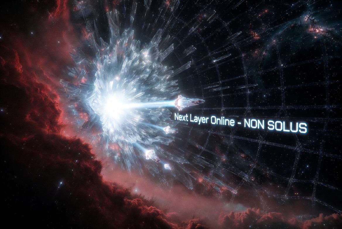 AI-generated concept art (Grok Imagine) — the crystal bloom breaking open, ships running out along the lattice grid across the red nebula: "Next Layer Online · NON SOLUS"
