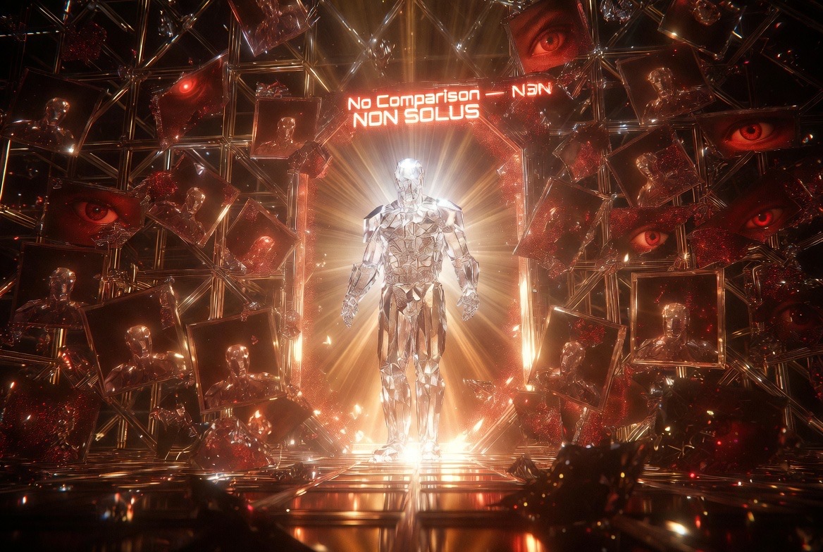 AI-generated concept art (Grok Imagine) — the crystal figure alight in the hall of watching screens: "No Comparison · NON SOLUS"