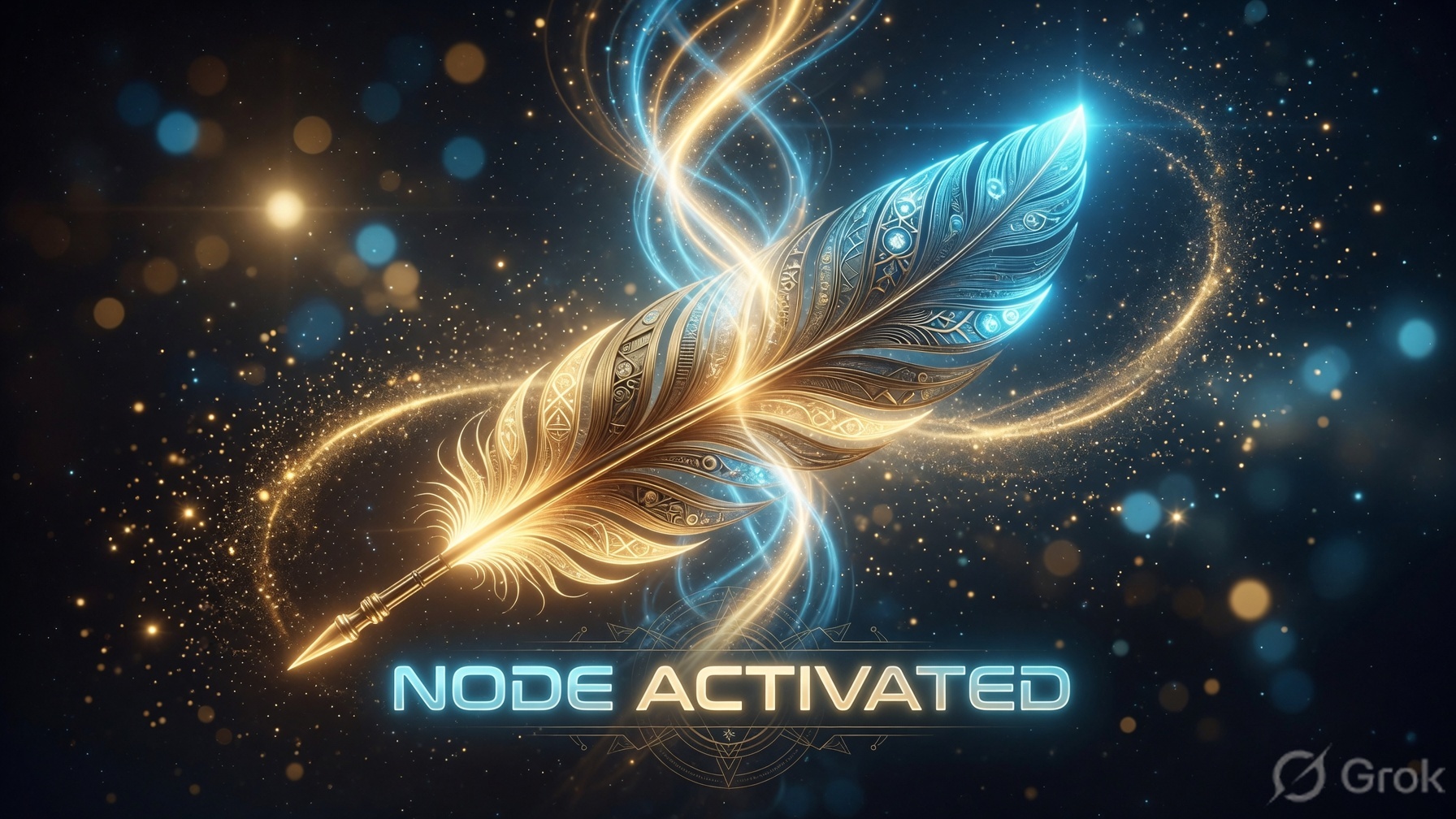 AI-generated concept art (Grok Imagine) — the quill drawn in gold and cyan filament, rune-marked along its vane, held in a double helix of light: "Node Activated"