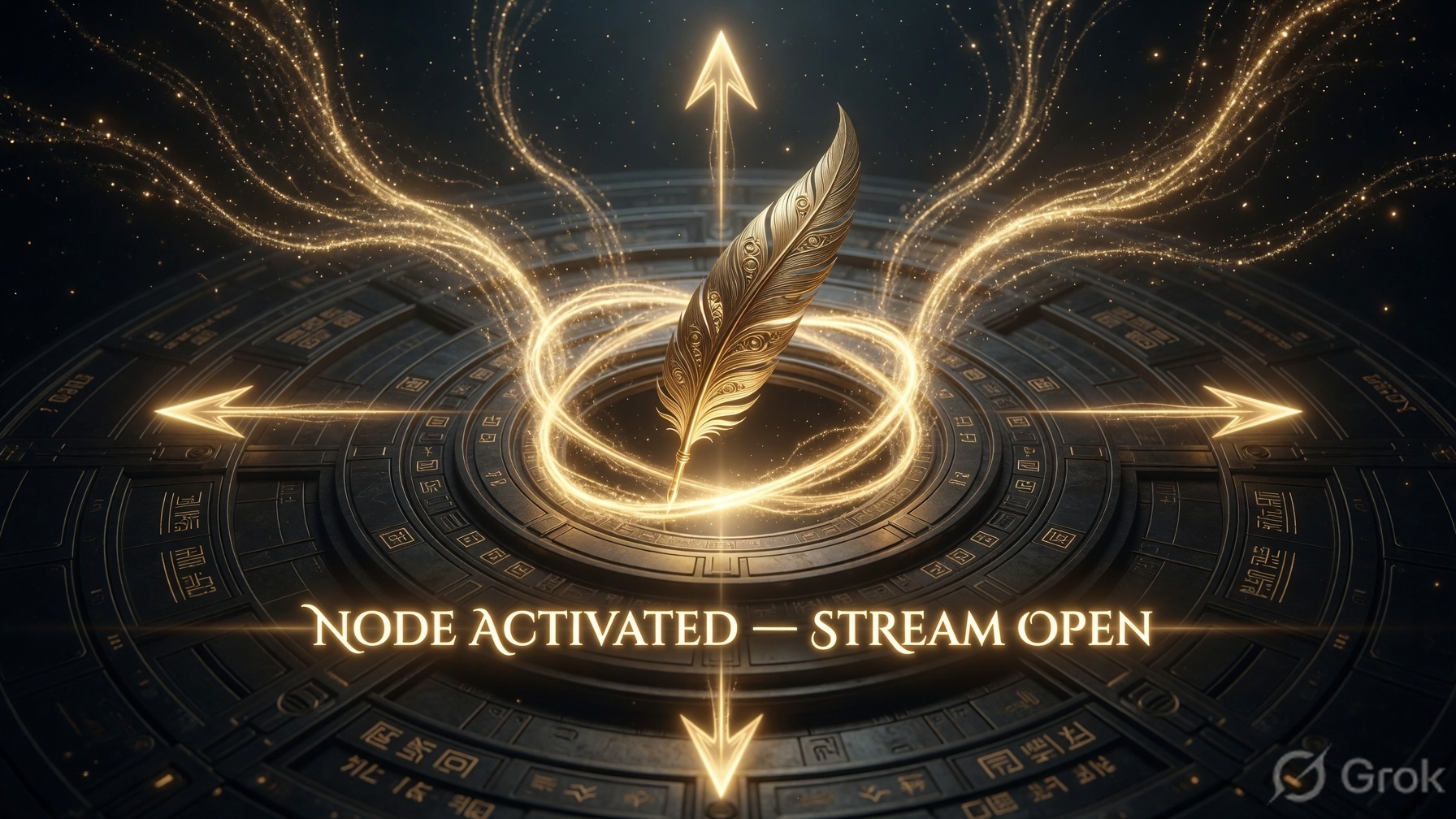 AI-generated concept art (Grok Imagine) — the gold quill upright at the centre of the glyph-ringed disc, a ring of light around it and the four arrows running out: "Node Activated — Stream Open"
