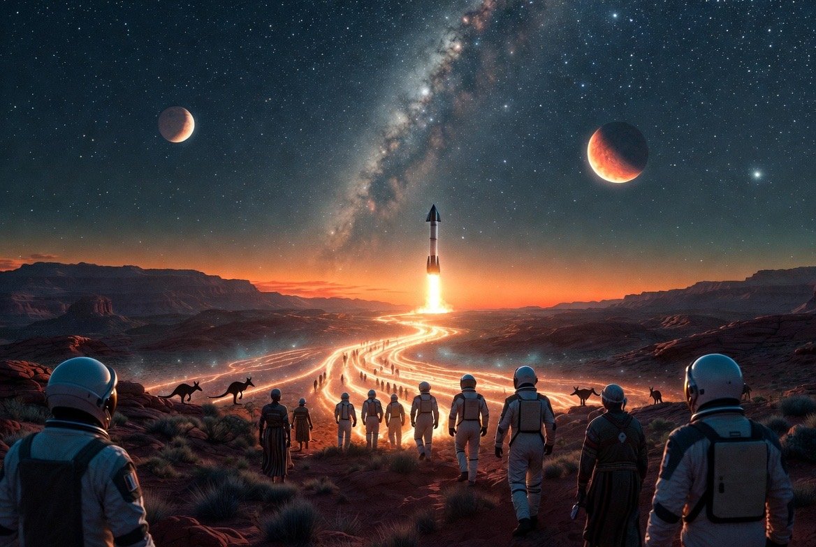 AI-generated concept art (Grok Imagine) — Astronauts and Aboriginal walkers move together down a light-veined desert road toward a launching rocket, kangaroos among them, the Milky Way and two worlds overhead
