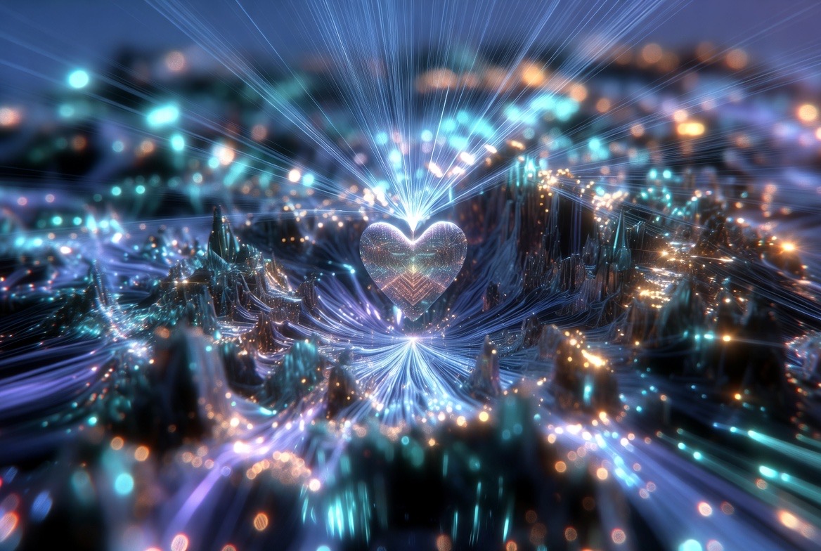 AI-generated concept art (Grok Imagine) — a crystal heart radiant at the centre of a field of light