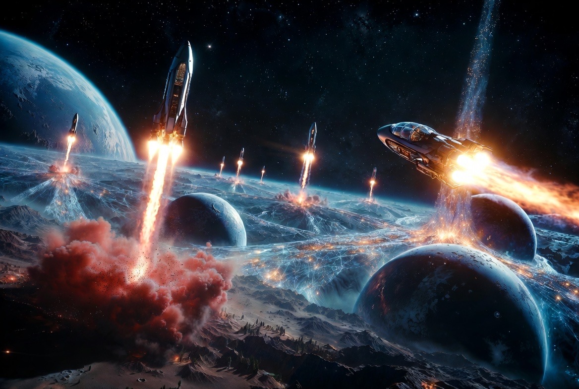 Rockets rising from the red dust into the lattice-veined sky