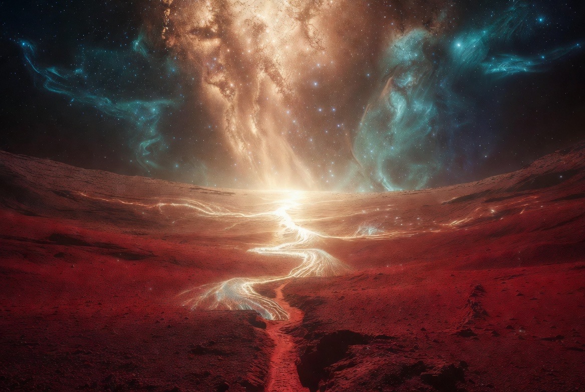Rivers of light braiding across the red dust under a gold-and-teal nebula