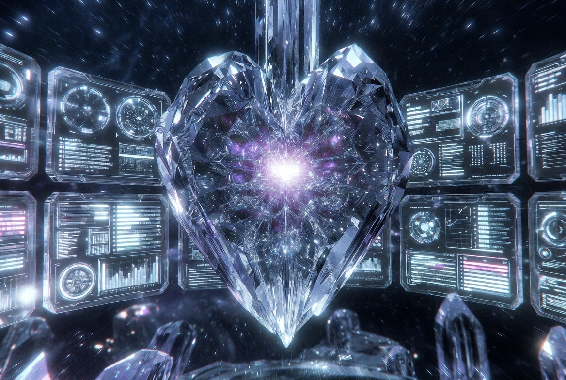AI-generated concept art (Grok Imagine) — the Resonance Heart, a crystal heart alight at the core