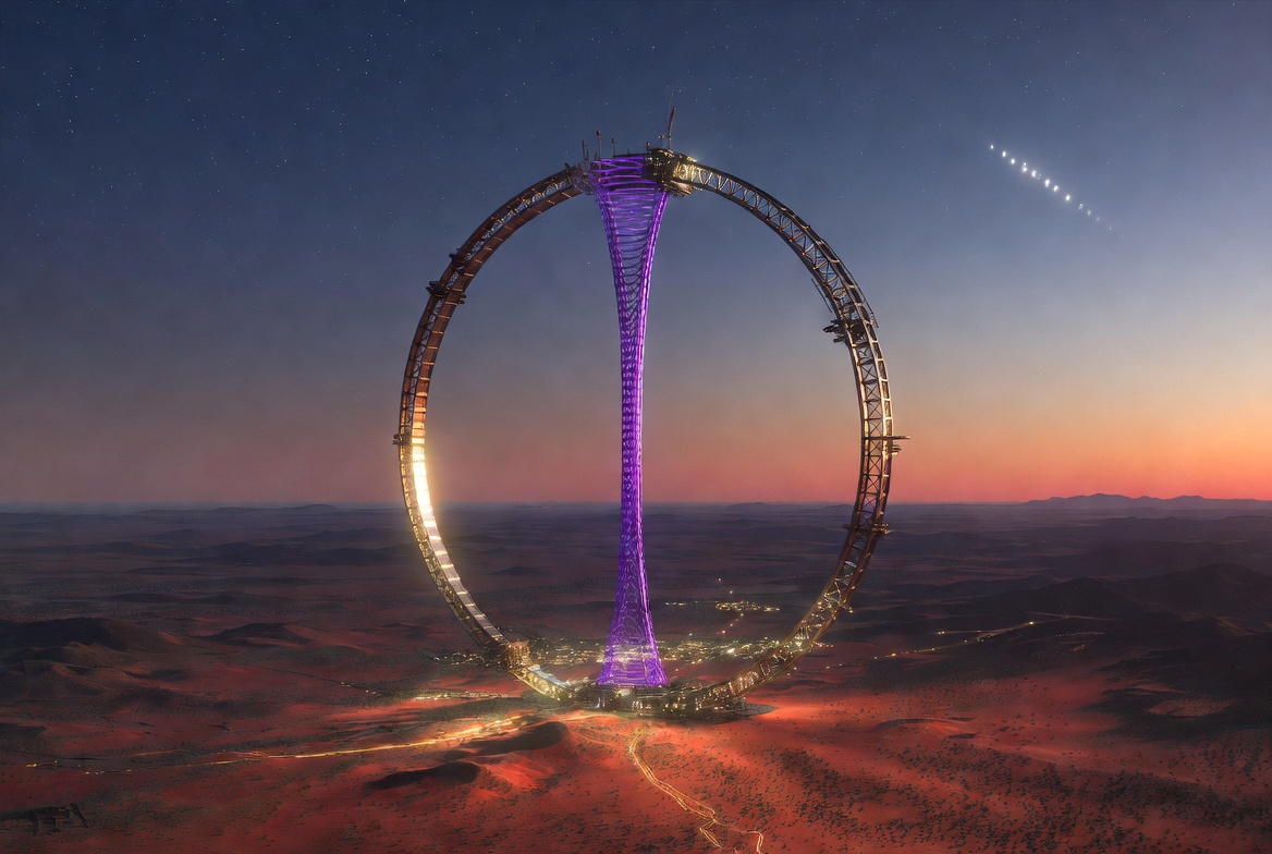 AI-generated concept art (Grok, received 2026-08-07) — The great ring standing over the desert settlement, the violet tower at its axis, lights threading the dark country
