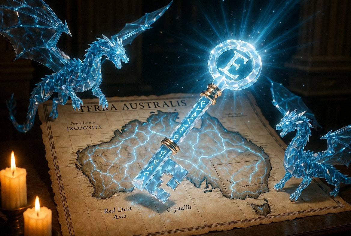 The gold-banded runed key resting on the map between the dragons