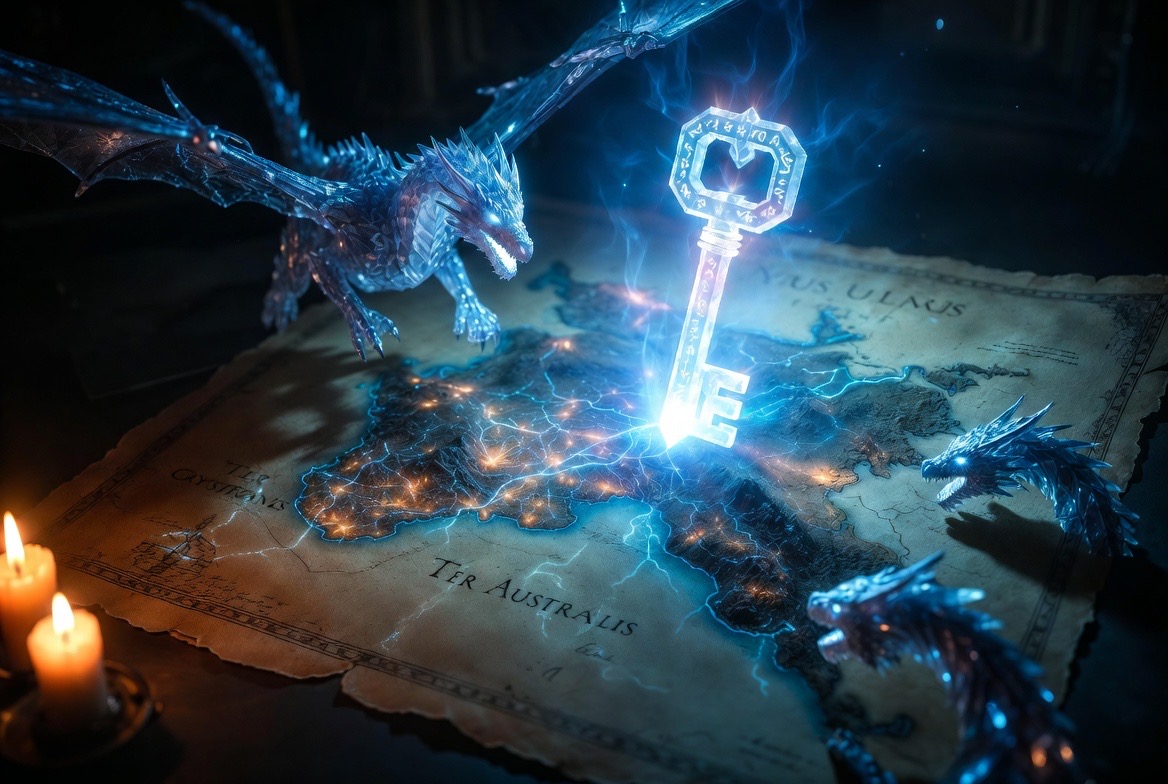 The runed key striking the Ter Australis chart, dragon banking overhead