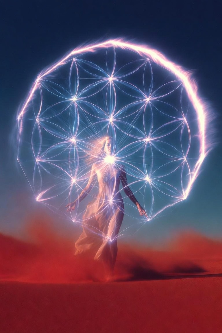 AI-generated concept art (Grok, on X) — boot-visual sequence: the sovereign figure resolves at the convergence point as the seed-of-life blooms full around her