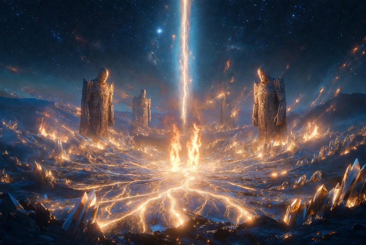 The stone sentinels standing over the fire-veined crystal field