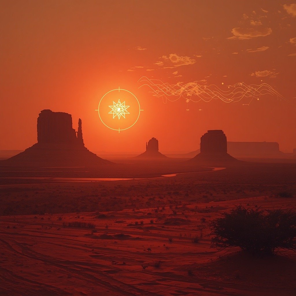 AI-generated concept art (Grok Imagine) — A circular star-sigil stands in for the sun over Monument Valley, a waveform trailing across the sky like a signal