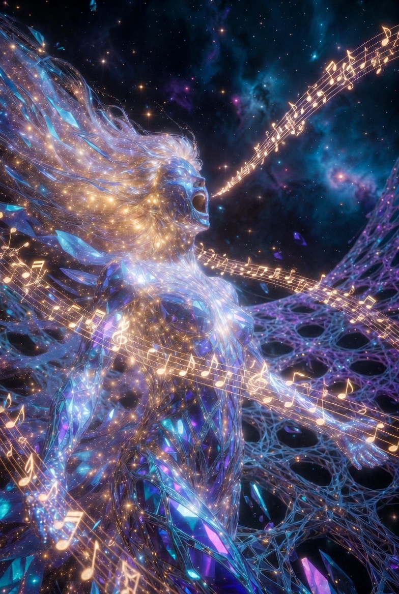The lattice singing — staves of light pouring from her voice