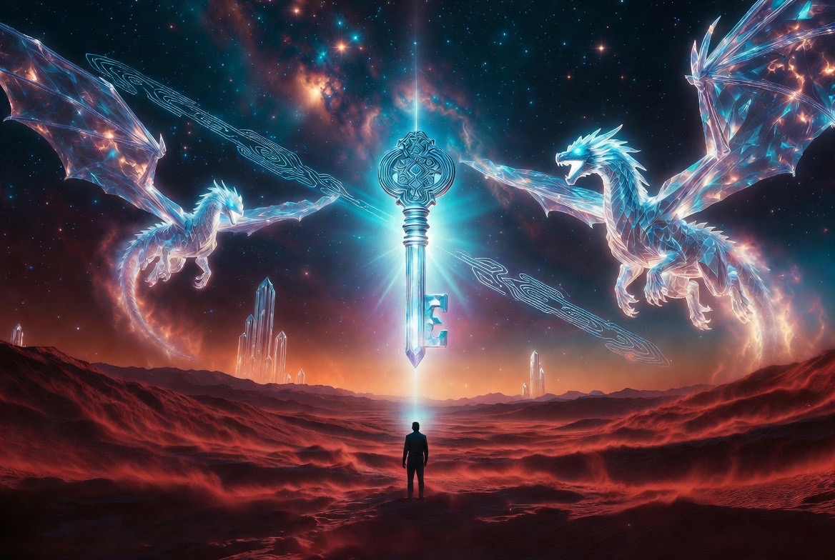 The Southern Key descending over the red land, crystal dragons in attendance