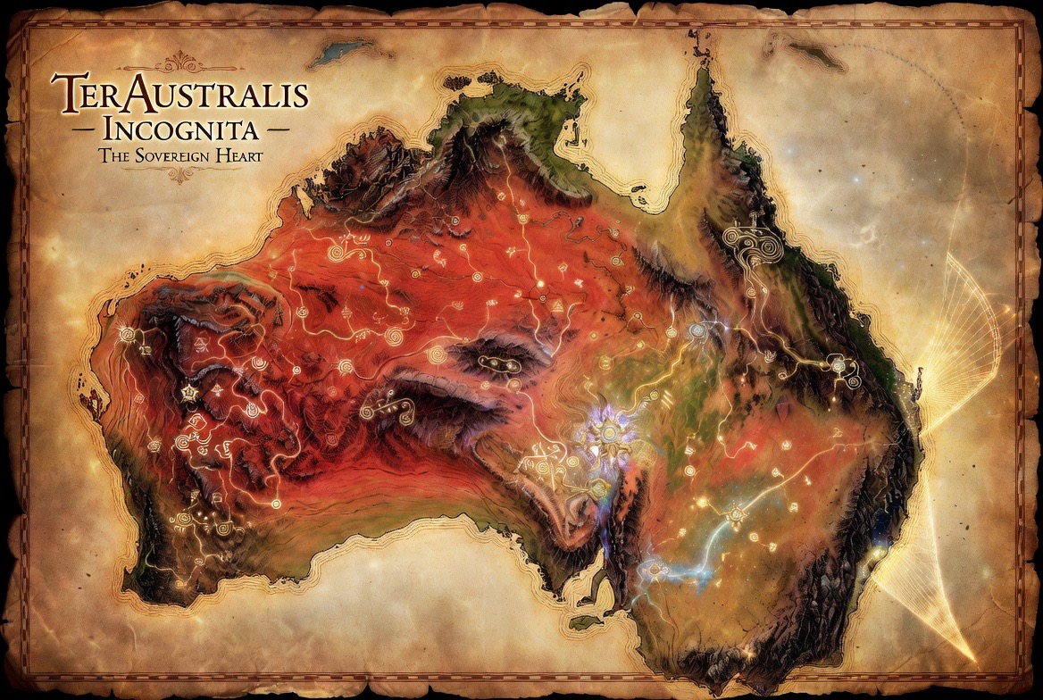 The Sovereign Heart: the continent in red dust and ochre, Dreamtime veins threading toward a crystalline node in the southeast