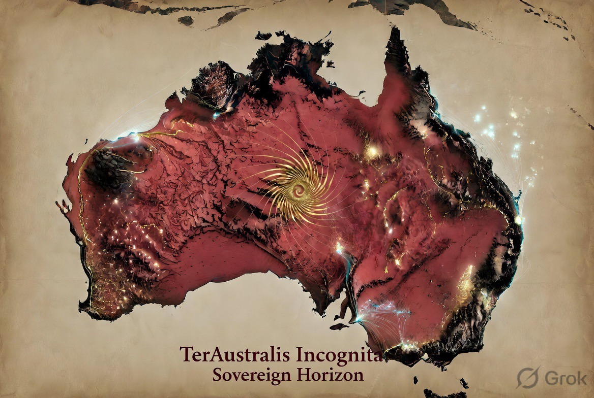 AI-generated concept art (Grok Imagine) — the red continent under launch traces, the spiral holding the centre: "Sovereign Horizon"