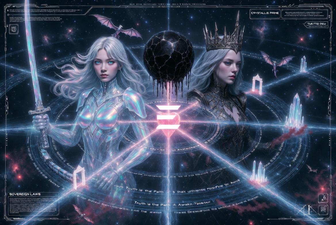 The Sovereign Laws held between light and shadow — Crystalle Prime and the Twisted Crown