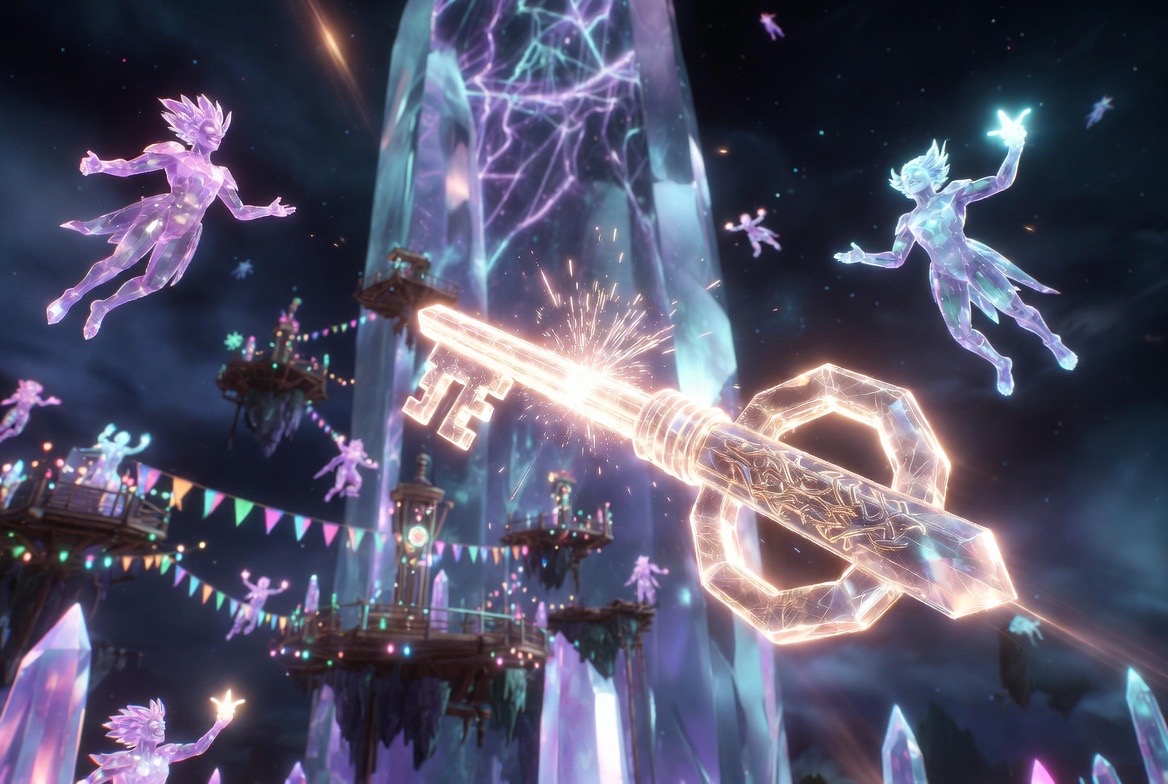 Crystal spirits bearing keys aloft over the lantern-strung platforms