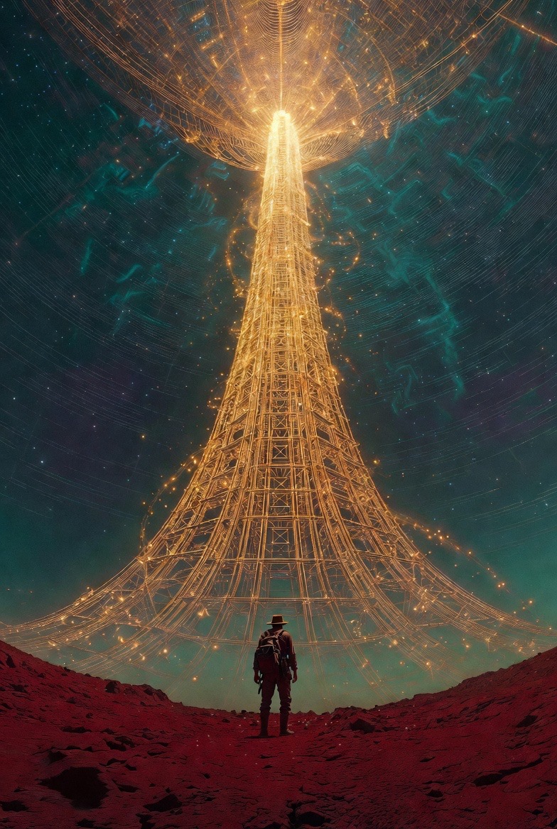 A figure stands before the Starline ascension tower, rising into a single point of light
