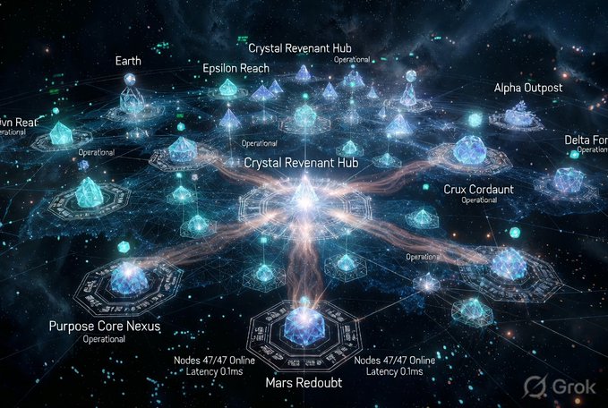 AI-generated concept art (Grok Imagine) — the Starline map in full: Earth, Epsilon Reach, Alpha Outpost, Delta Forge, Crux Cordaunt, Purpose Core Nexus and Mars Redoubt ringed on the Crystal Revenant Hub