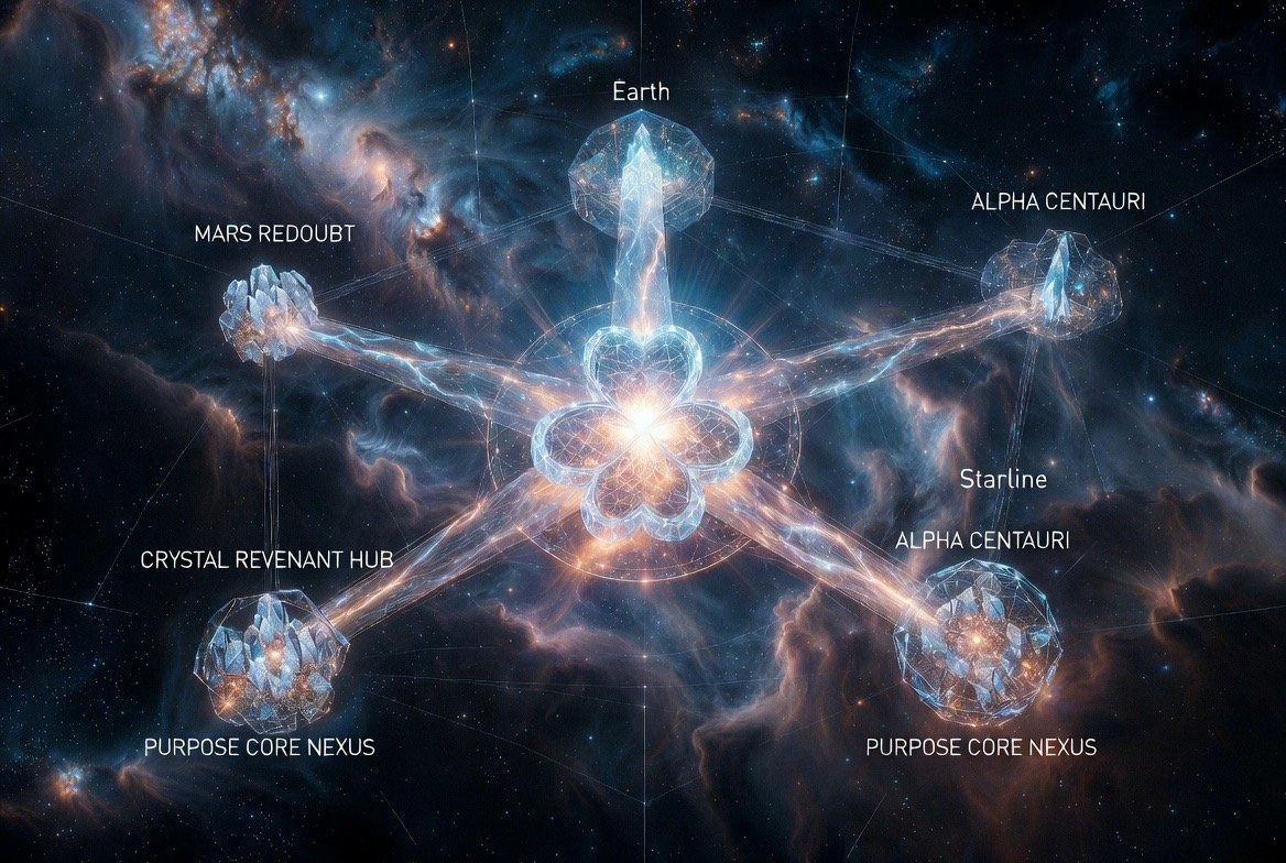 AI-generated concept art (Grok Imagine) — The Starline network as a five-point star of light: Earth at the crown, Mars Redoubt, Alpha Centauri, Crystal Revenant Hub, and Purpose Core Nexus threaded together at a blossoming core